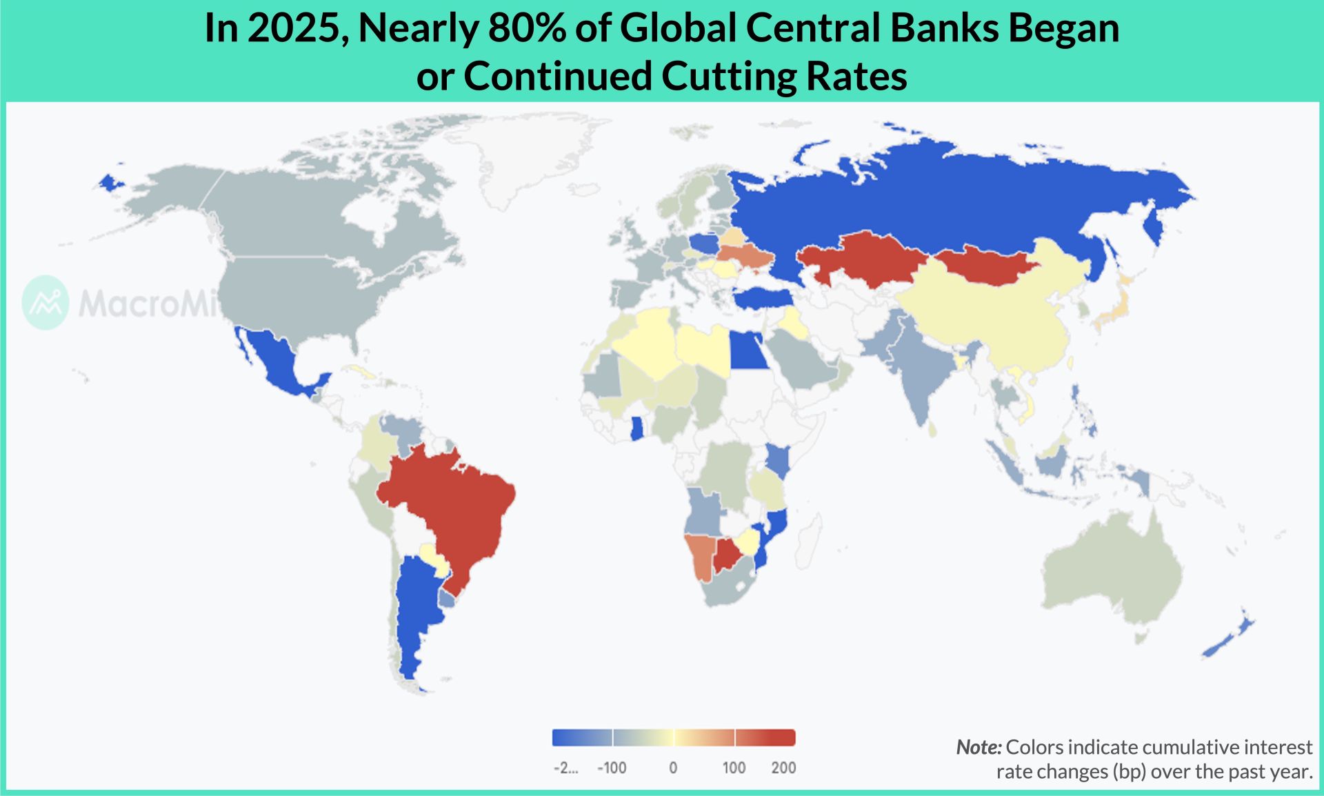 Bản đồ thể hiện sự phân kỳ chính sách tiền tệ của các ngân hàng trung ương toàn cầu, bao gồm tổ chức Fed