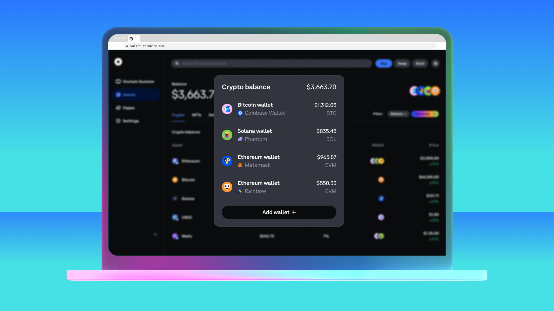 Bảng điều khiển Coinbase Wallet hiển thị nhiều tài sản tiền mã hóa trên các chuỗi khác nhau như Ethereum và các token khác