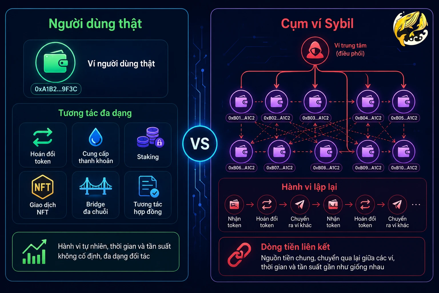 Infographic so sánh người dùng thật và cụm ví Sybil trong airdrop crypto
