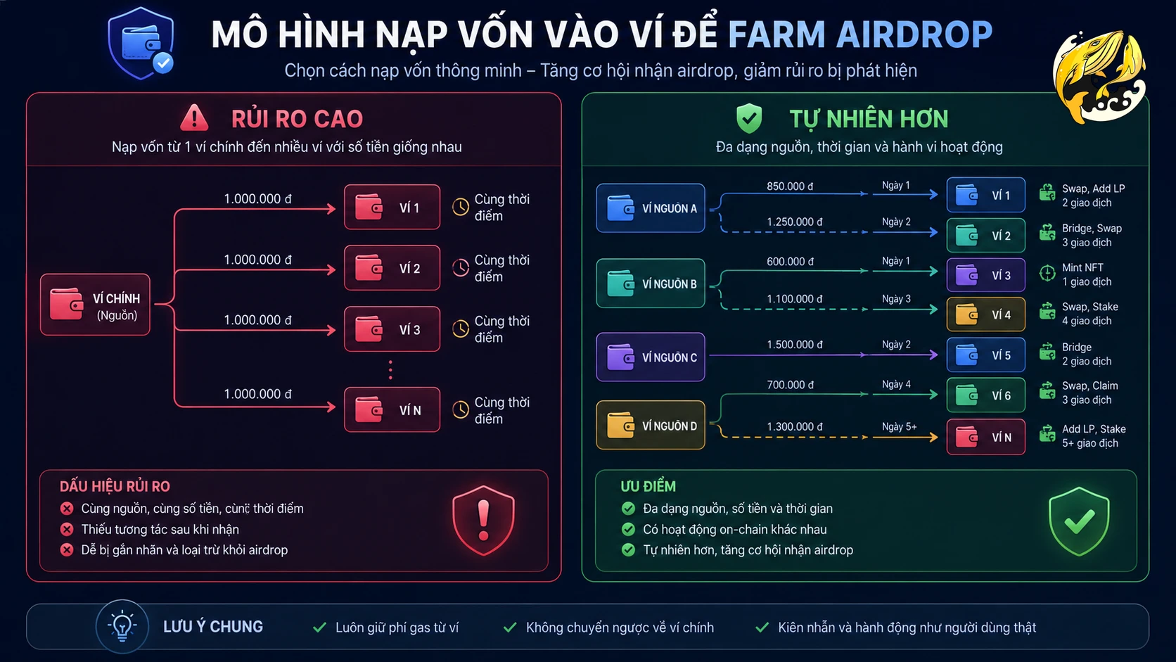Sơ đồ tách dòng tiền giữa nhiều ví để giảm rủi ro Sybil