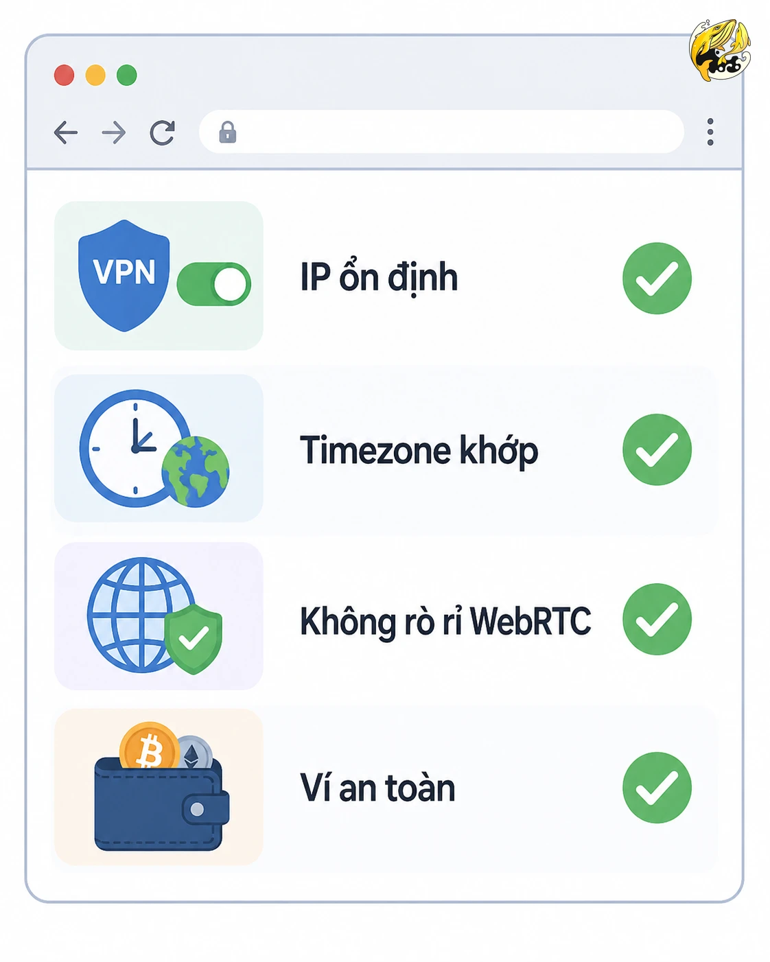 Checklist kiểm tra VPN, WebRTC, DNS và timezone trước khi dùng ví crypto