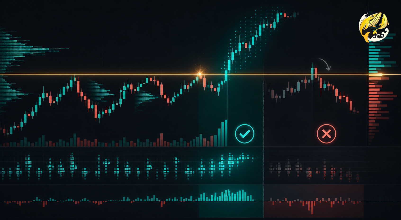 Minh họa breakout được xác nhận và fakeout với dữ liệu order flow trên biểu đồ crypto futures
