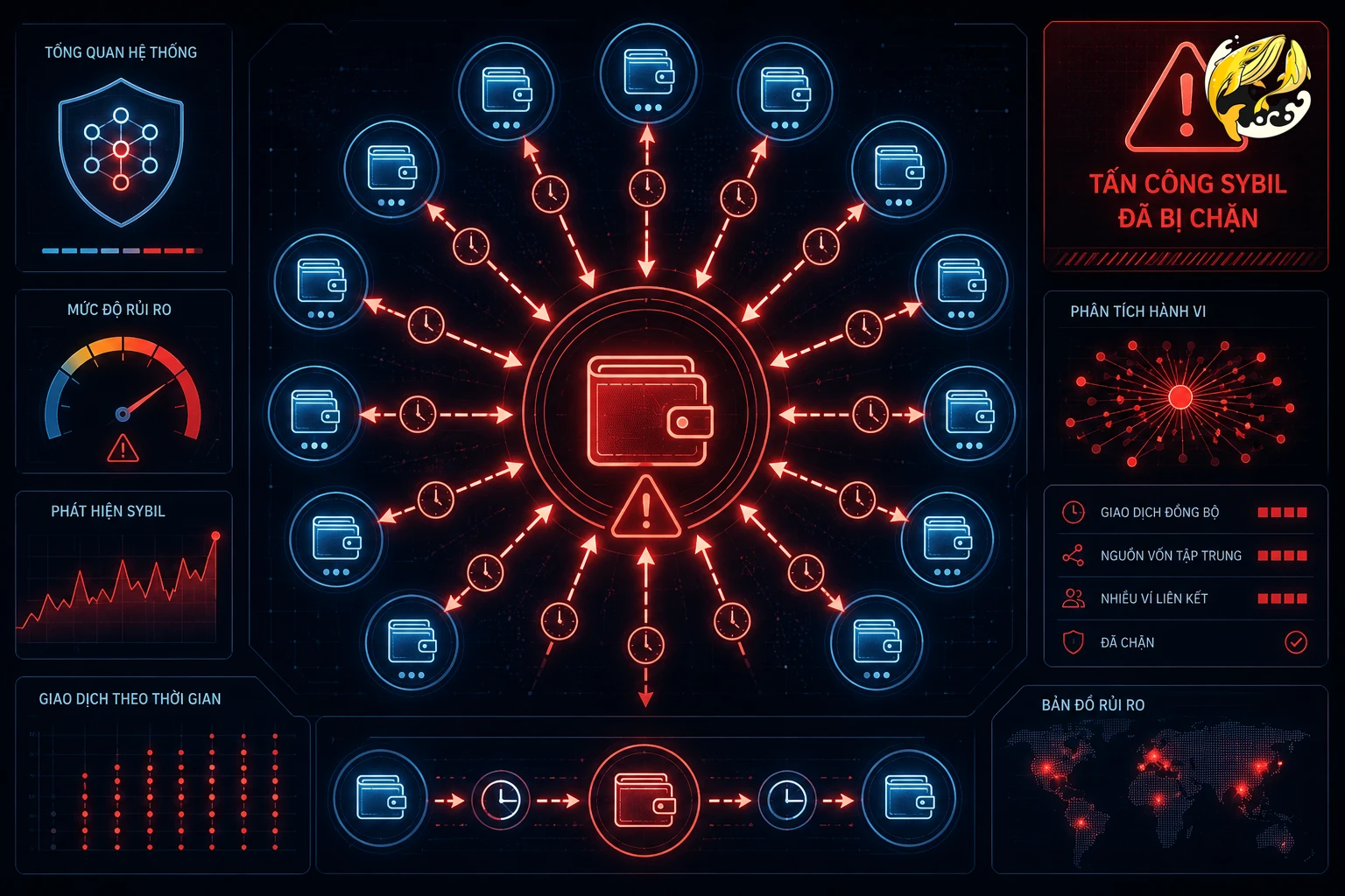 Minh họa Sybil Attack khi nhiều ví crypto có hành vi giống bot bị hệ thống phát hiện