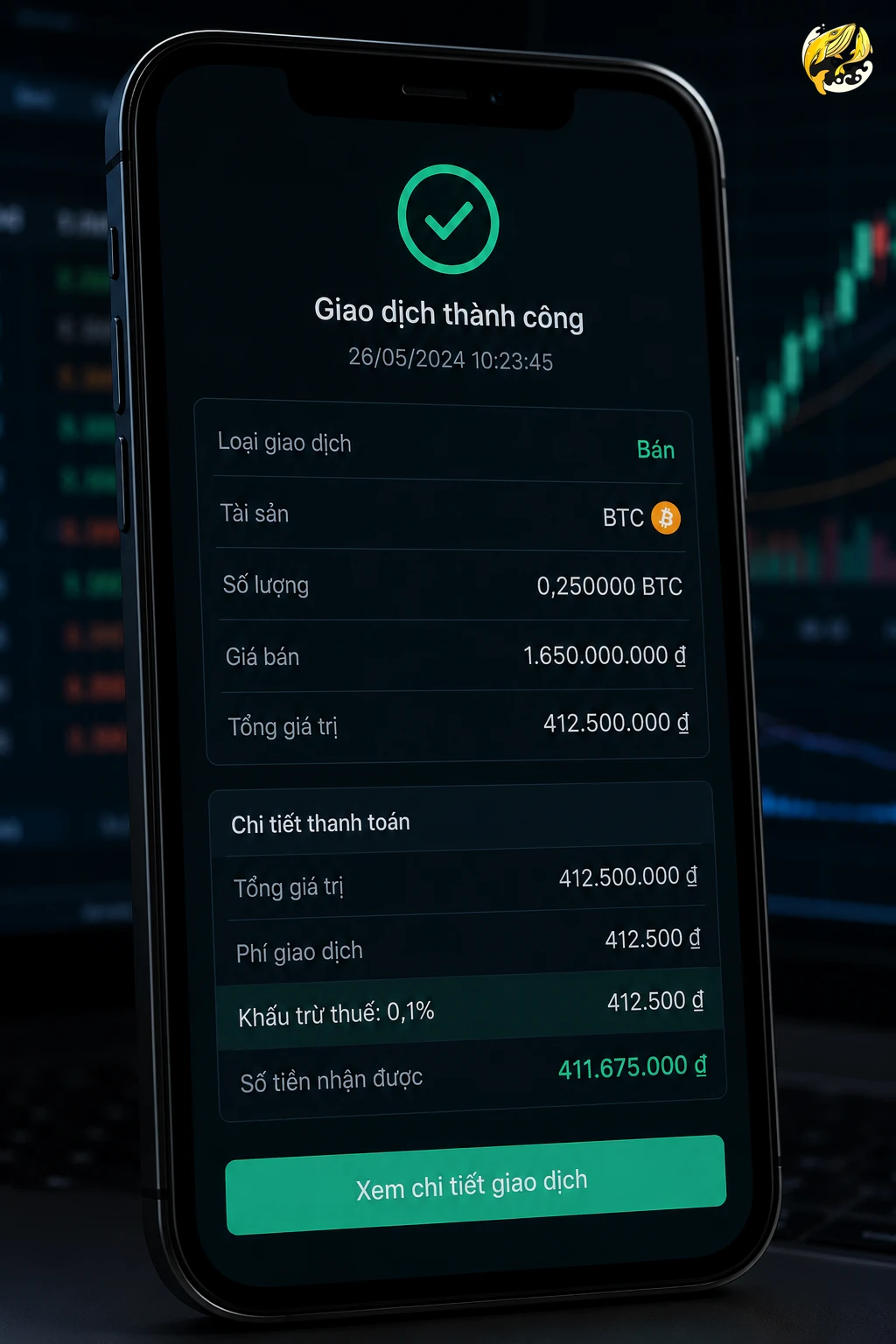 Minh họa cơ chế tự động khấu trừ thuế 0,1% trên ứng dụng giao dịch crypto
