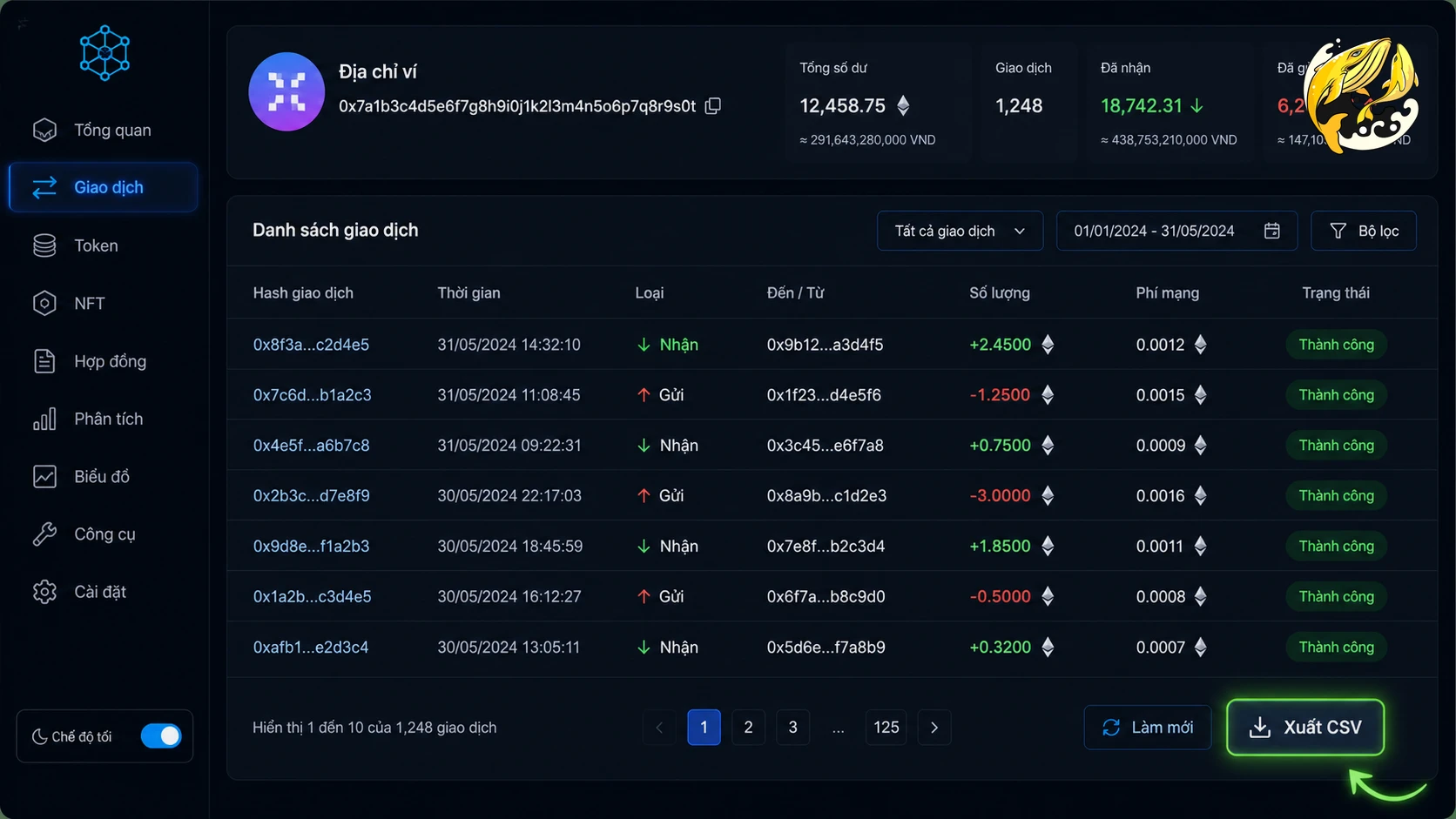 Hướng dẫn tìm nút xuất file CSV lịch sử giao dịch trên Blockchain Explorer.
